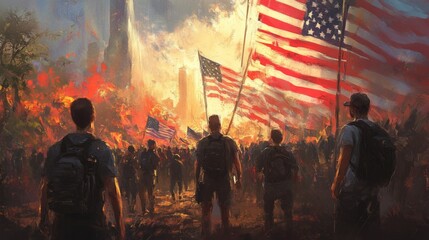 Fototapeta premium Fiery Protest with American Flags and a Crowd Gathering in the City