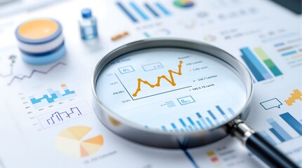 Magnifying Glass Analyzing Statistical Charts and Graphs for Data Insights. Generator AI
