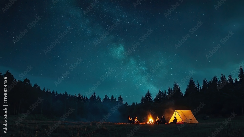 Canvas Prints in the foreground, there is an illuminated tent in which several people sit around it and have fun b