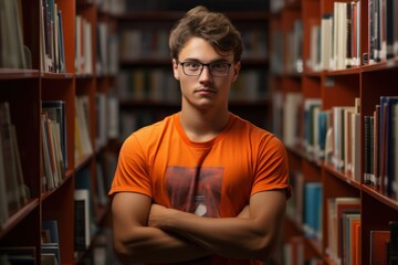 Obraz premium A young man stands in a library with his arms crossed, wearing an orange shirt