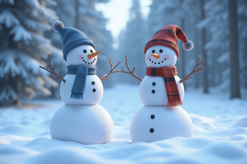 Fototapeta premium two snowmen in blue red scarves hats in snowy forest winter background