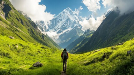 Obraz premium Solitary Hiker Ascending a Majestic Mountain Path