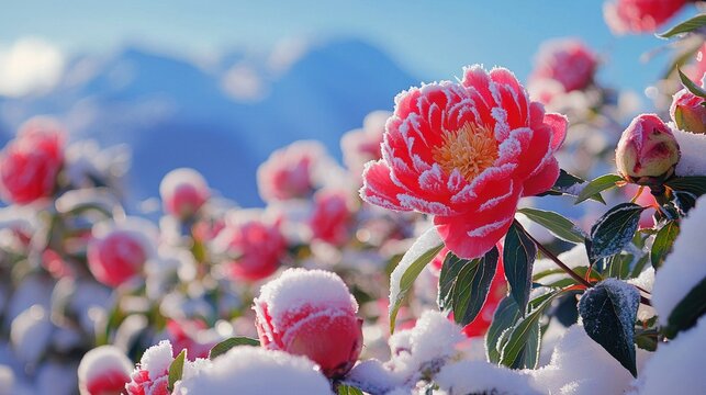 In winter, Under a large area of sky, Himalayan Mountains, Tyndall Light, The petals of these lotus-like bright peonies glow in bright colors under 
