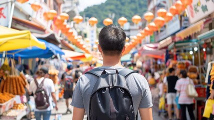 Chinese Young man exploring vibrant street market with colorful lanterns overhead, surrounded by bustling vendors and shoppers, a lively cultural experience in a busy urban setting