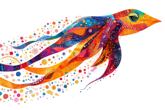 Colorful abstract bird with flowing patterns and vibrant dots in an artistic design