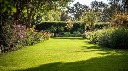A beautifully maintained garden with a green lawn, vibrant flowers, and lush foliage under a clear blue sky.