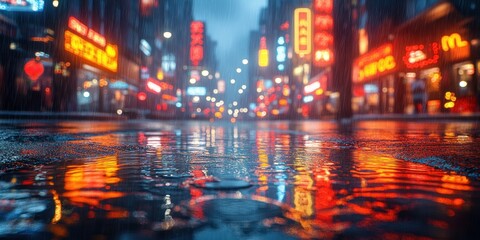 Obraz premium Rainy Night in the City: Neon Reflections on Wet Asphalt