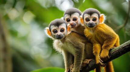 Obraz premium Jungle inhabitants, including monkeys and birds, thriving in their lush, green environment.