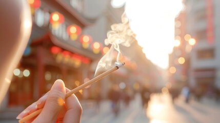 Naklejka premium Hand Holding a Traditional Incense Stick with Smoke Rising Beautifully Against a Soft Sunset Background in a Vibrant Urban Setting Full of Life