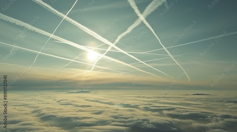Poster aerial view of a sky with clouds and contrails.
