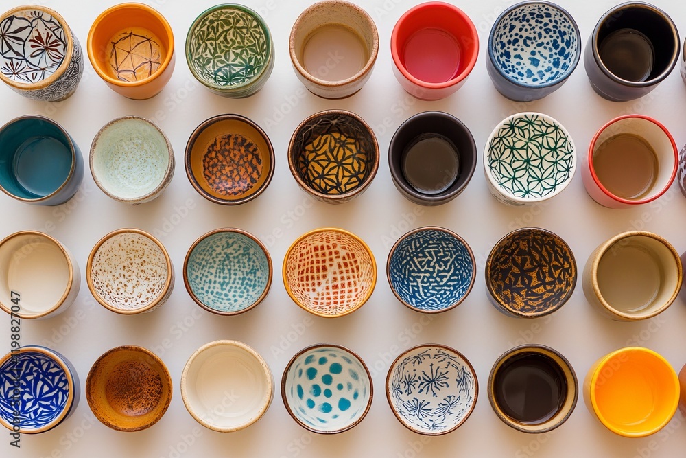 Poster a row of colorful bowls with different patterns and designs. the bowls are arranged in a line, with 