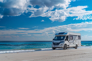 Holiday trip on large family motorhome for holiday in beautiful natural nature, abstract vivid composition consists of fictional unreal fantastic vision on background