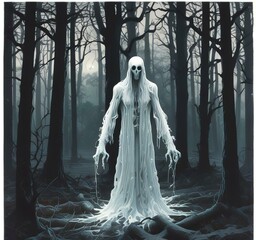 Illustration of glowing ghost in creepy forest.