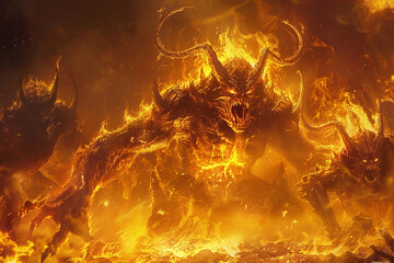 Scary sinister devil is in hell with dramatic bright fire lighting, abstract vivid composition consists of fictional unreal fantastic vision on background