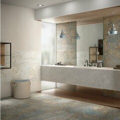 Modern beige bathroom interior with white bathtub and decorative objects, wooden furniture. Style and hygiene concept, double ceramic basins and mirrors. 3D Illustrations. Mockup. 3D Rendering