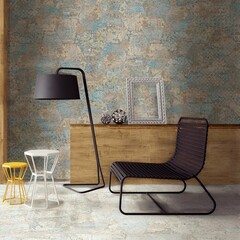 Fashionable living room interior with glossy marble floor, Scandinavian sofa and wooden coffee table, black and white sofa rug, wooden furniture, green plant pot, window wall. 3D Rendering