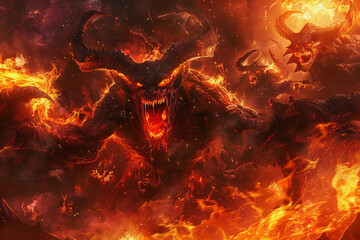 Scary sinister devil is in hell with dramatic bright fire lighting, abstract vivid composition consists of fictional unreal fantastic vision on background