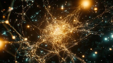 Obraz premium Abstract Golden Neural Network Intricate Web of Connections Glowing Nodes Technology Background