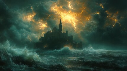 Fototapeta premium A dark, mystical castle looms amidst tumultuous waves and stormy skies.