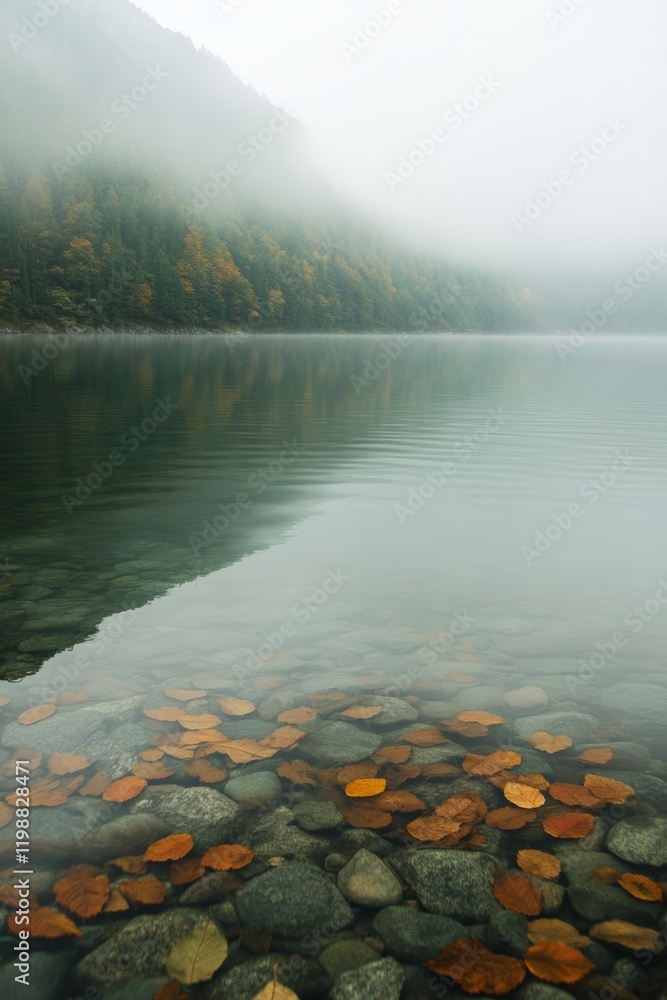 Poster calm lake with autumn leaves and foggy reflections of a forest, creating a serene and tranquil atmos