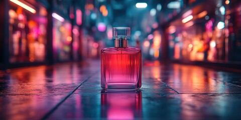 Night City Perfume: A captivating fragrance bottle displayed on a reflective surface, bathed in the vibrant glow of neon lights, creating a mysterious and alluring atmosphere.