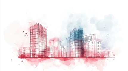A modern skyline illustration featuring abstract watercolor buildings in red and blue hues, showcasing urban design and architectural creativity.