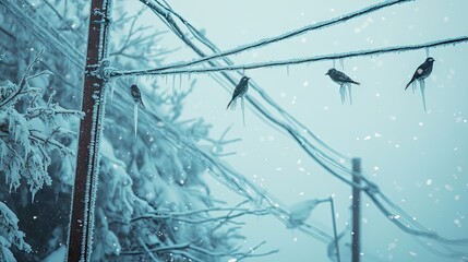 Power lines coated with ice hanging low under the weight during an icy winter storm.