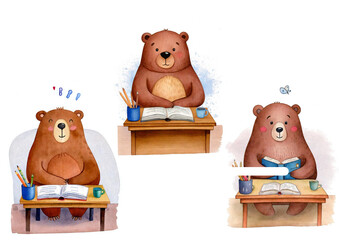 勉強をしているかわいいくまたち　動物イラスト　水彩　机　学校　ノート　授業