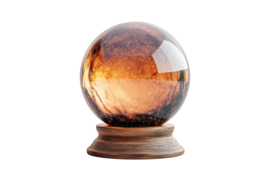 Crystal ball sits on a wooden base reflecting warm colors and sparkling details in soft light