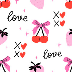Seamless pattern with cherries and coquette bows on pink background. Heart-shaped cherries with various ribbons. Vector illustration for wrapping paper, packaging, fabric, room decor, phone case etc.