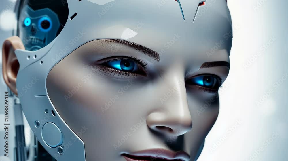 Poster an advanced ai robot with humanlike features is standing against a futuristic background filled with