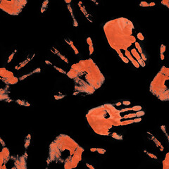 A striking pattern of handprints on a black background, creating a bold and dramatic visual effect.