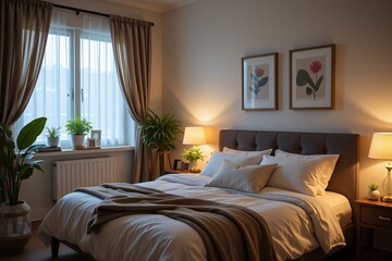 Serene Bedroom Interior Design Cozy Bed Warm Lighting and Plants