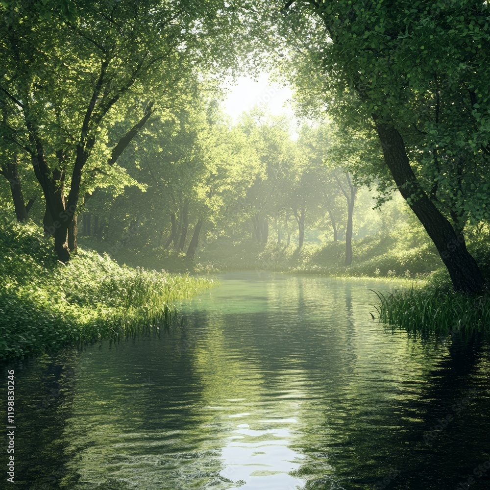 Poster tranquil river flowing through a lush forest with sunlight filtering through the trees, creating a s