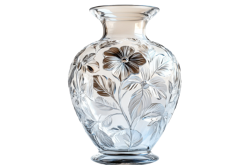 Elegant glass vase with floral engraving displayed on a neutral background for artistic appreciation