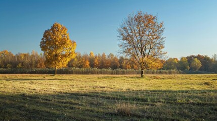 Fototapeta premium Beautiful autumn landscape with blooming trees in field scenery.
