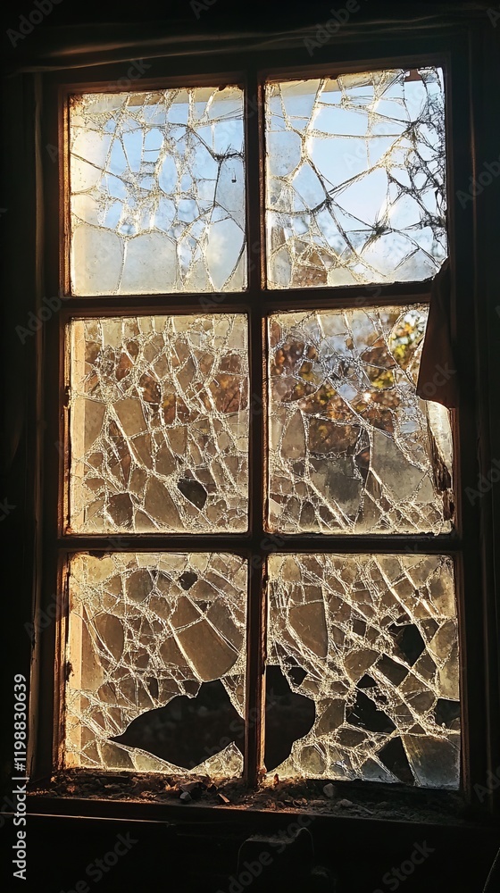 Poster sunlight streaming through a shattered window in an abandoned building, highlighting the intricate p