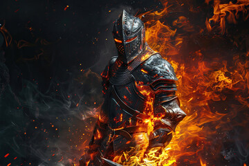 Naklejka premium Fantastic beautiful royal knight in iron armor guards castle chambers, abstract vivid composition consists of fictional unreal fantastic vision on background