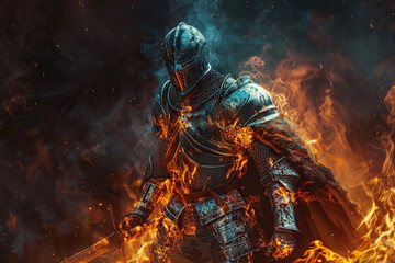 Fantastic beautiful royal knight in iron armor guards castle chambers, abstract vivid composition consists of fictional unreal fantastic vision on background