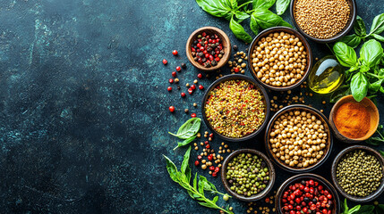 Assorted spices and grains in bowls on dark background.