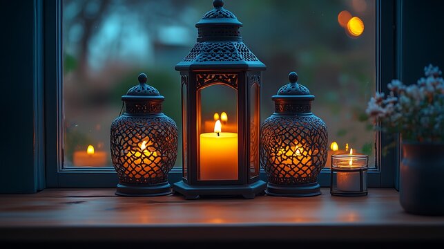 Seasonal greeting card, Ramadan lanternS lit during Ramadan time.