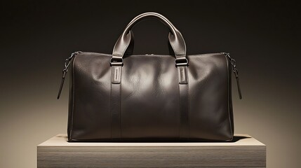 Brown leather duffel bag on wood, dark background, product shot