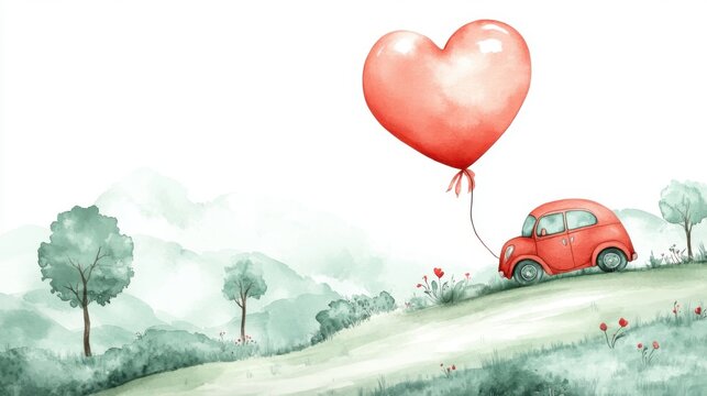 A whimsical illustration of a small red car pulling a large heart-shaped balloon through a serene landscape, evoking feelings of love and adventure.