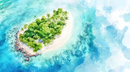 Aerial view of a tropical island with lush greenery and soft sandy beach surrounded by crystal-clear turquoise waters, perfect for relaxation and escape.