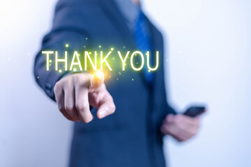 Businessman using laptop and showing thank you message. Concept of congratulation, appreciation, presentation from digital technology. Thank you in business and gratitude.