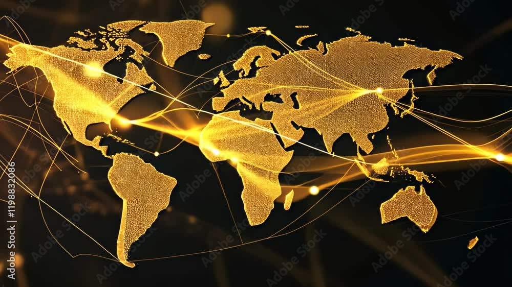 Poster an abstract representation of a world map with golden lines and points creating a dynamic visual on 