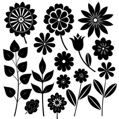 Fototapeta premium A collection of various black flower silhouettes and icons, some with stems and leaves with white background