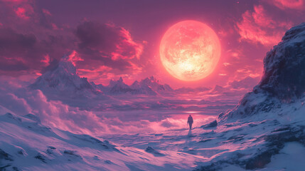Surreal landscape under a large pink moon with a solitary figure walking on snowy terrain