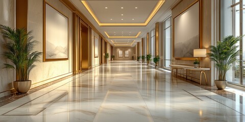 Fototapeta premium Elegant Hotel Lobby Interior Design: Luxurious Marble Floor and Golden Accents