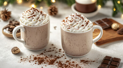 A delicious hot chocolate drink served with fluffy whipped cream and a sprinkle of cocoa powder for a warm and comforting indulgence.